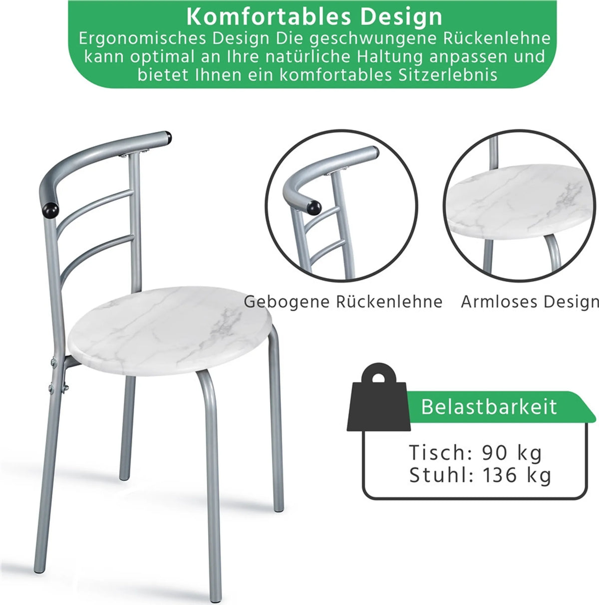 3-delige Eethoek met Tafel en 2 Stoelen Houtlook MDF en Metalen Frame Wit 80 × 53 × 73,5 cm