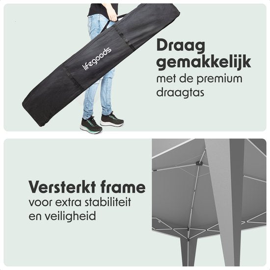 LifeGoods Partytent - Paviljoen - Easy Up - Opvouwbaar - Waterdicht - Met Draagtas - 300 x 300 cm – Grijs