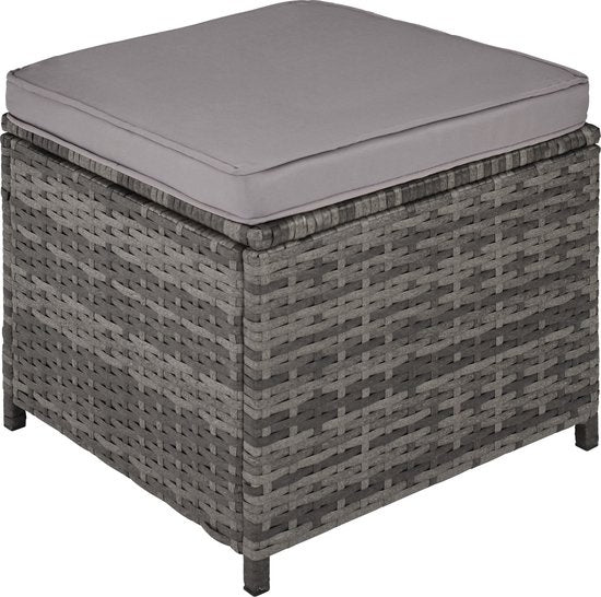 tectake® - wicker zitgroep, 5-delige lounge tuinmeubelset met tafel, fauteuil en kruk, eetgroep voor maximaal 4 personen, tuin- en balkonmeubilair inclusief kussens – grijs - poly-rattan