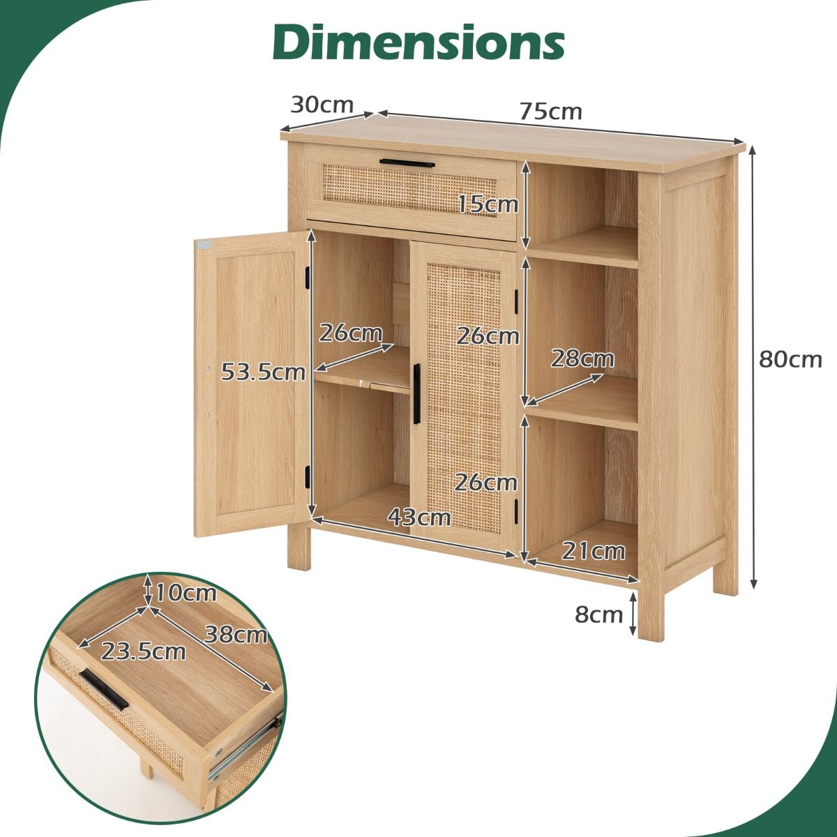 Coast Houten Dressoir - Rotan deuren en lade - Verstelbaar rek - Naturel 75 x 30 x 80 cm