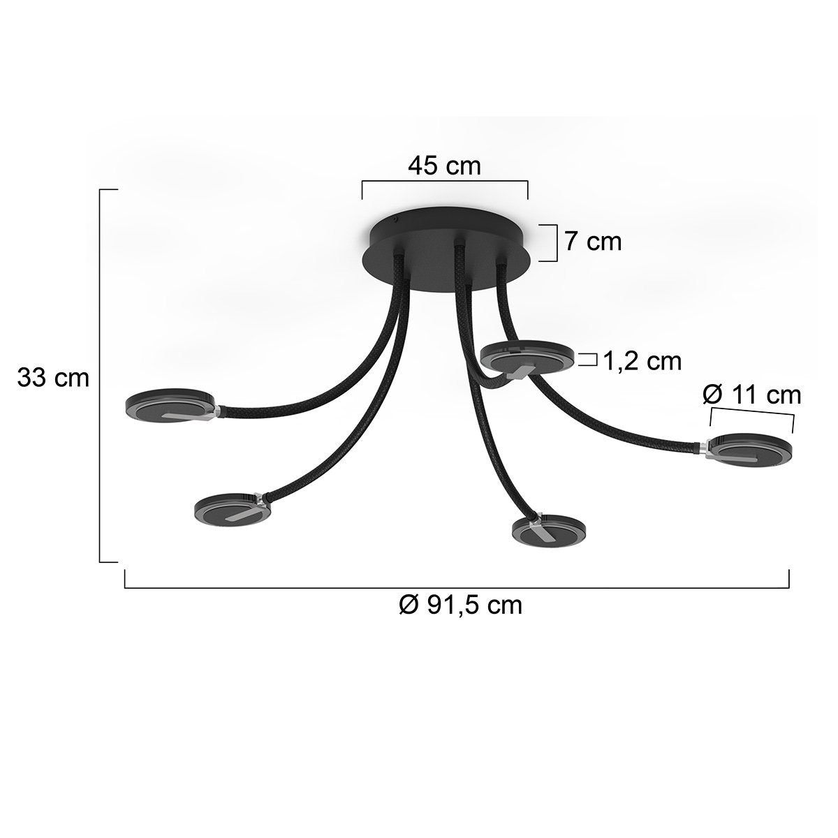 Plafonnieres Turound 3376ZW Zwart - Draaibaar en kantelbaar, van glas en metaal, Ø 91,5 cm, Steinhauer