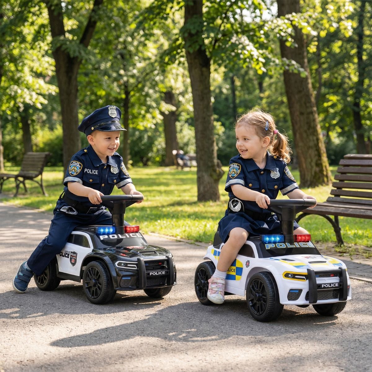 Coast Elektrische Politieauto voor Kinderen - Zwaailichten en Muziek - Opbergruimte onder de Zitting - Zwart