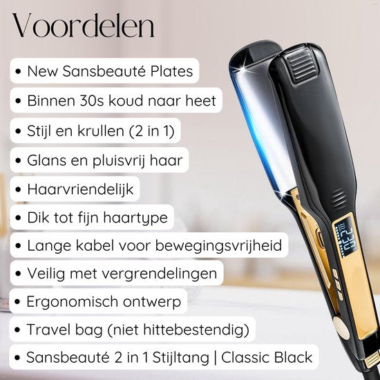 Sansbeauté® Professionele Stijltang - 2 in 1 - Krultang - Stijltangen - Hair Straightener - Snel Opgewarmd - 80℃ t/m 230℃ - Steilen & Krullen - ION technologie