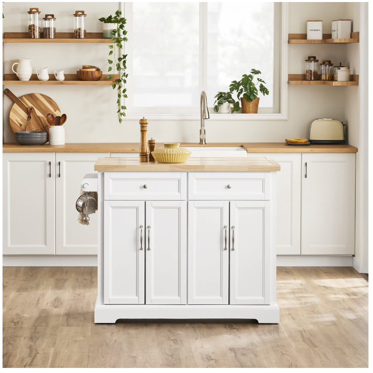 SoBuy – Keukeneiland & Keukentrolley FKW71-WN – 115x71x93 cm – Wit & Natuur Rubberwood – Uitbreidbaar Werkblad & Opbergkast – Verrijdbaar Keukenblok op Wielen – FKW71-WN