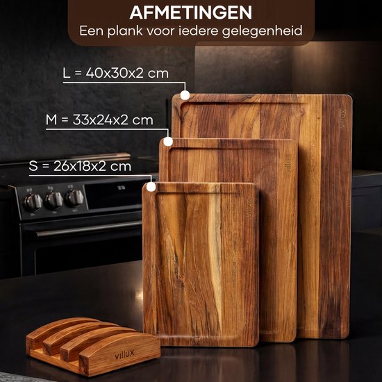 Villux Snijplank - Snijplankenset Met Houder - Snijplank Hout - Snijplanken - Snijplank Teakhout- Houten Snijplank - Snijplankenset - Tapasplank - Borrelplank - Serveerplank - Hapjesplank - Inclusief eBook - 3 Stuks - Teakhout