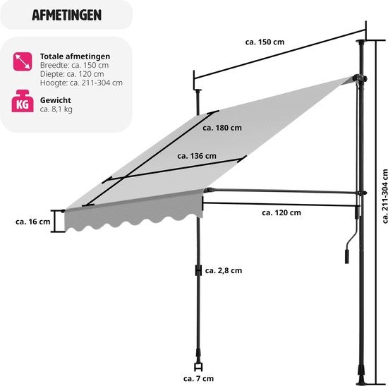 tectake Zonnescherm Verstelbaar – Zonneluifel - 150 x 180 cm - Lichtgrijs