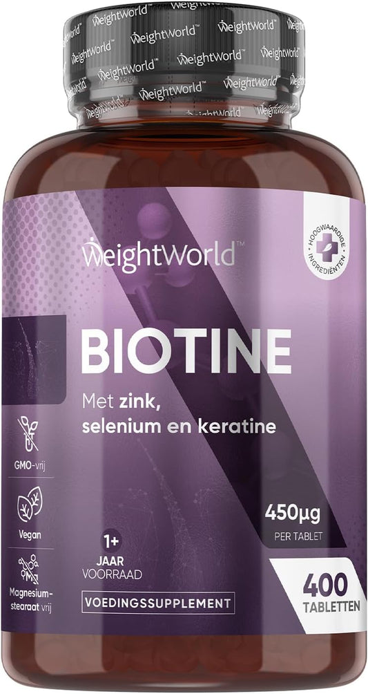 WeightWorld Biotine, Zink, Selenium & Keratine Tabletten – 400 Vegan Microtabletten (Ø 6 mm) – 1+ Jaar Voorraad – 15 mg Zink & 25 mg Keratine