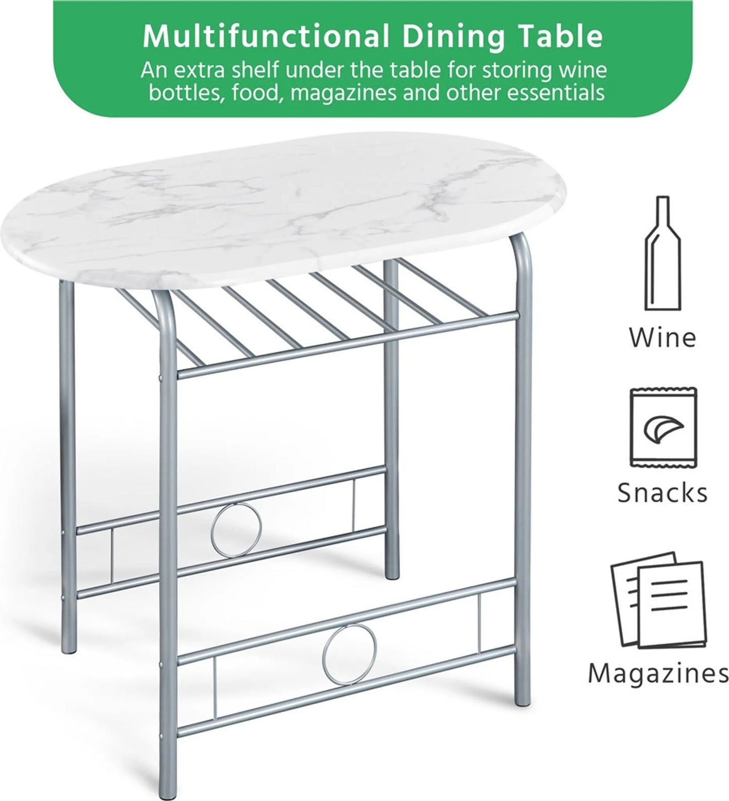 Yaheetech Eethoek 3-Delig – Voorzien Van Opbergvak Onder Het Tafelblad En Twee Stoelen Met Rugleuning En Ruimtebesparend Ontwerp – Voor Keuken En Balkon – Wit Mdf En Metaal – 90 x 53 x 75,5 cm