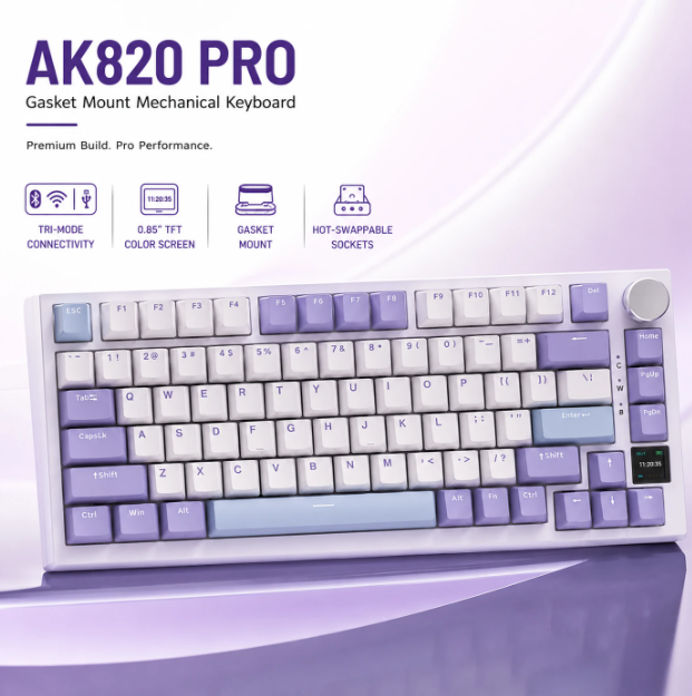 AJAZZ AK820 Pro Mechanisch Toetsenbord - 75% - QWERTY US - Tri-mode - TFT-display - RGB - Grijs - Sea Salt Purple Switches