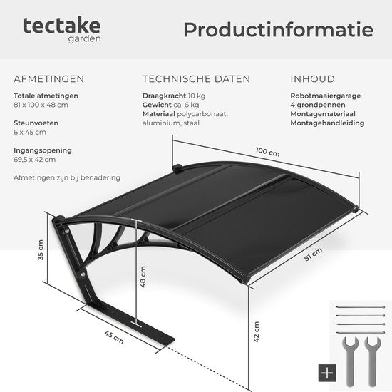 tectake® Garage voor Robotmaaier - Grasmaaier Carport - Robot Maaier Laadstation Afdak - Weerbestendig - 81 x 100 x 48 cm - Inclusief 4 Grondpennen - Zwart