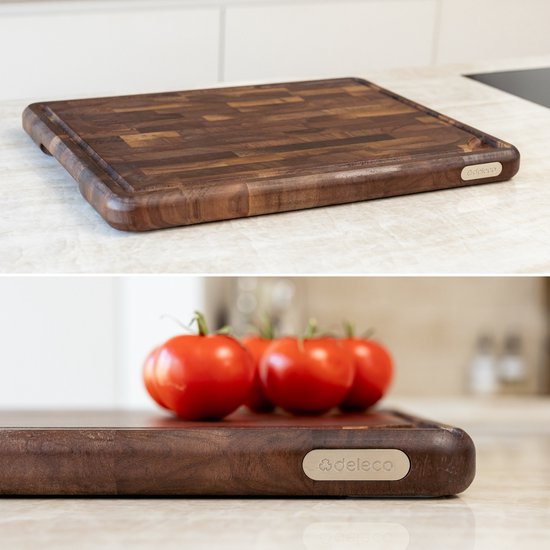 Deleca Walnoot Kopshouten Snijplank met Sapgeul - Hakblok Hout - Anti-slip / Handgrepen – Signature Amerikaans Walnoten Kopshout - 43x33x3 cm