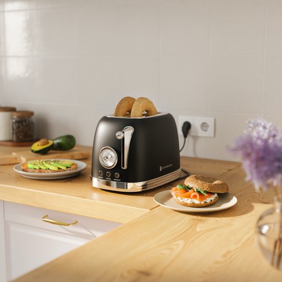 KitchenBrothers Retro Broodrooster - Toaster - 6 Warmteniveaus - 2 Extra Brede Sleuven - 815W - Zwart