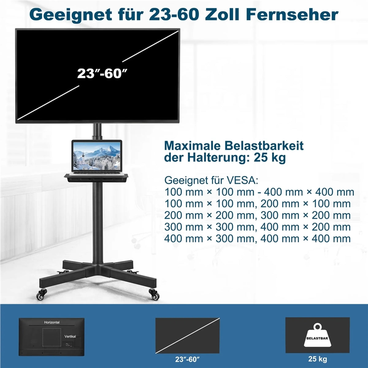 TV-standaard op Wielen voor 23–60 Inch TV's In Hoogte Verstelbaar en Draaibaar Zwart