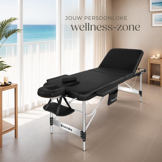 tectake® 3-Zones Massagetafel – 70cm Breed – Behandelbank met 5cm Dikke Vulling en Aluminium Frame – Inclusief 15 Hoofdsteundoekjes en Draagtas – Max Draagvermogen 230kg – Zwart
