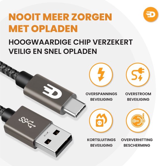 Drivv. USB naar USB C Kabel - Snellader - USB C Data en Oplaadkabel - Kort - 1 Meter - Geschikt voor Samsung, iPhone 15 & Meer - Modern Grey