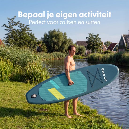 LifeGoods SUP Board Allround Compact - met Zitje - 100 KG Draagkracht - 300 x 76 cm - Opblaasbaar - Compleet SUP pakket - Cyaan/Donkergroen