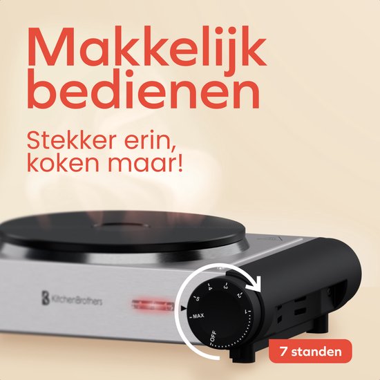 KitchenBrothers Elektrische Kookplaat - 1 Pits - Vrijstaand - 7 temperatuurstanden - 1500W - RVS/Zwart
