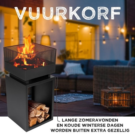 BBQ Collection Vuurkorf – Met Vonkenscherm & Houtopslag – 39 x 39 x 85 cm – Zwart