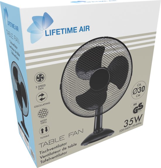 Lifetime Air Tafelventilator 35W - Ventilator voor Tafel en Bureau - met Handvat, 3 Snelheden en Kantelbare Functie - Geruisloos 65dB - Zwart