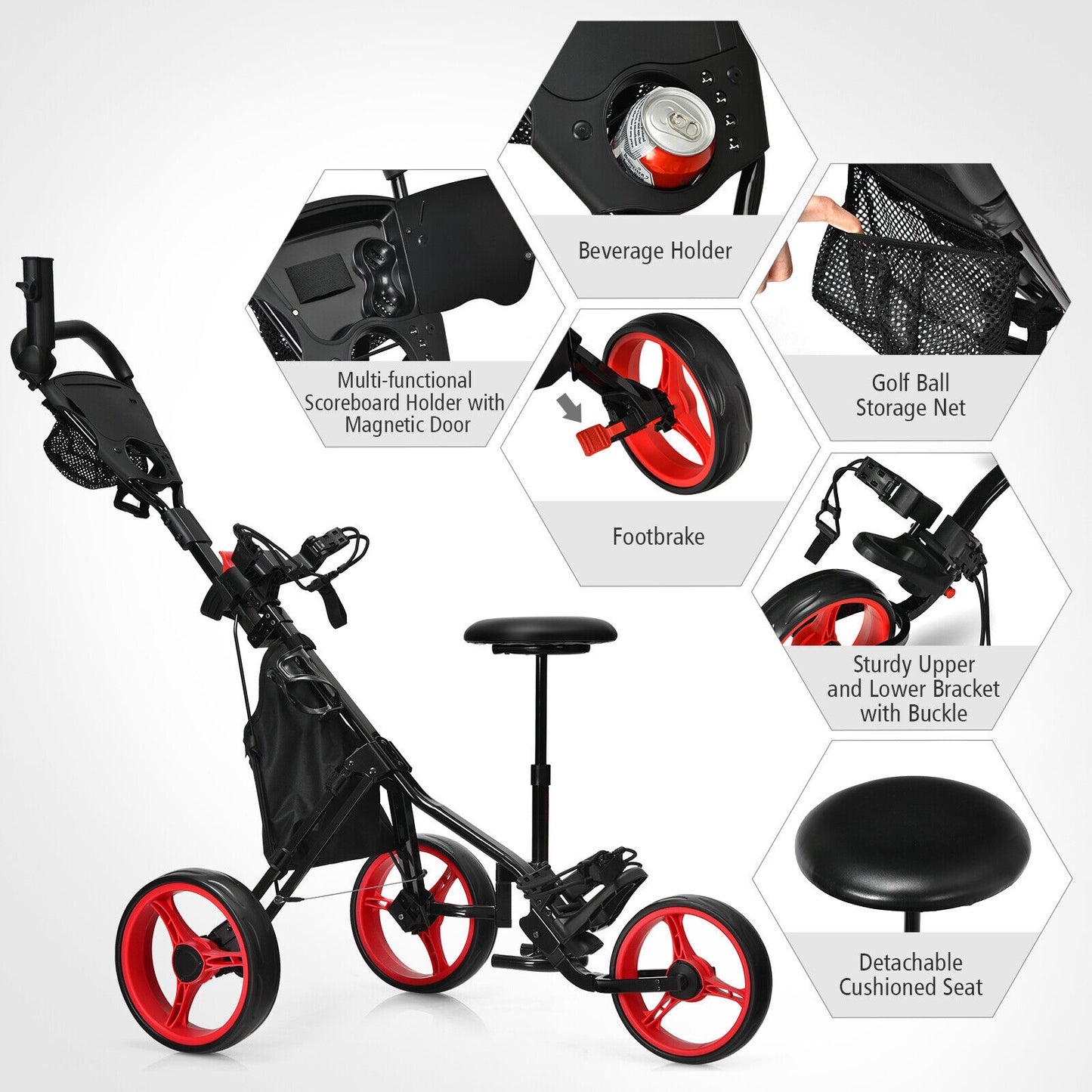 Coast 3-Wheel Golf Kart Verstelbaar licht Golf Kart 129,5 x 75 x 101,5-119,5 cm rood + zwart