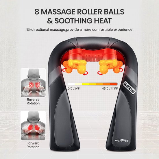 RENPHO U-Neck Go Shiatsu Nek & Schouder Massager - Verwarmingsfunctie - Geschikt voor verschillende lichaamsdelen - Zwart