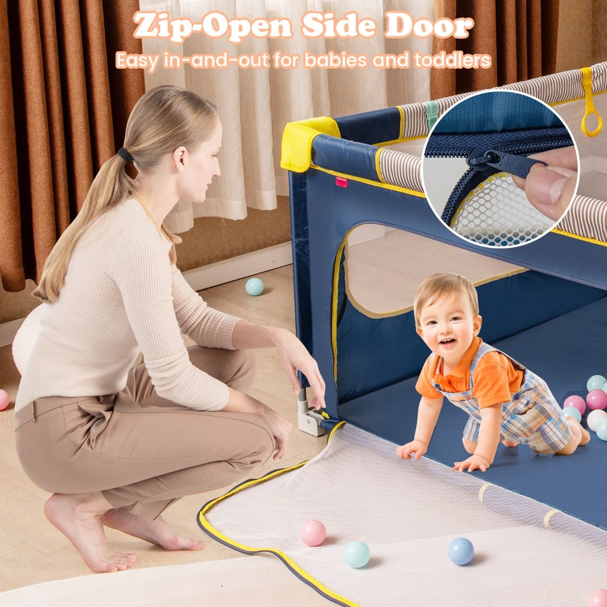 Coast Opvouwbare Babybox - Veiligheidshek met ritssluiting - Inclusief 50 speelballen en 4 hefringen - Grijs 150 x 150 cm