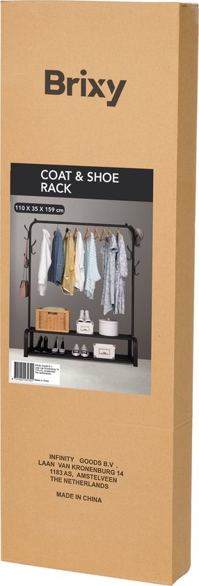 Brixy Kledingrek - Garderoberek - 102x34x152cm - Kledingrek Met Schoenenrek - Industrieel - Metaal - Zwart