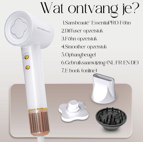 Sansbeauté® Föhn met Diffuser – Krullen – 110.000RPM - Ionische Haardroger met Borstel - 3 Standen - 3 Opzetstukken – Reisföhn - Coolshot – Haarföhn met Diffuser – Hair Dryer - 2000W - EssentiaPRO®