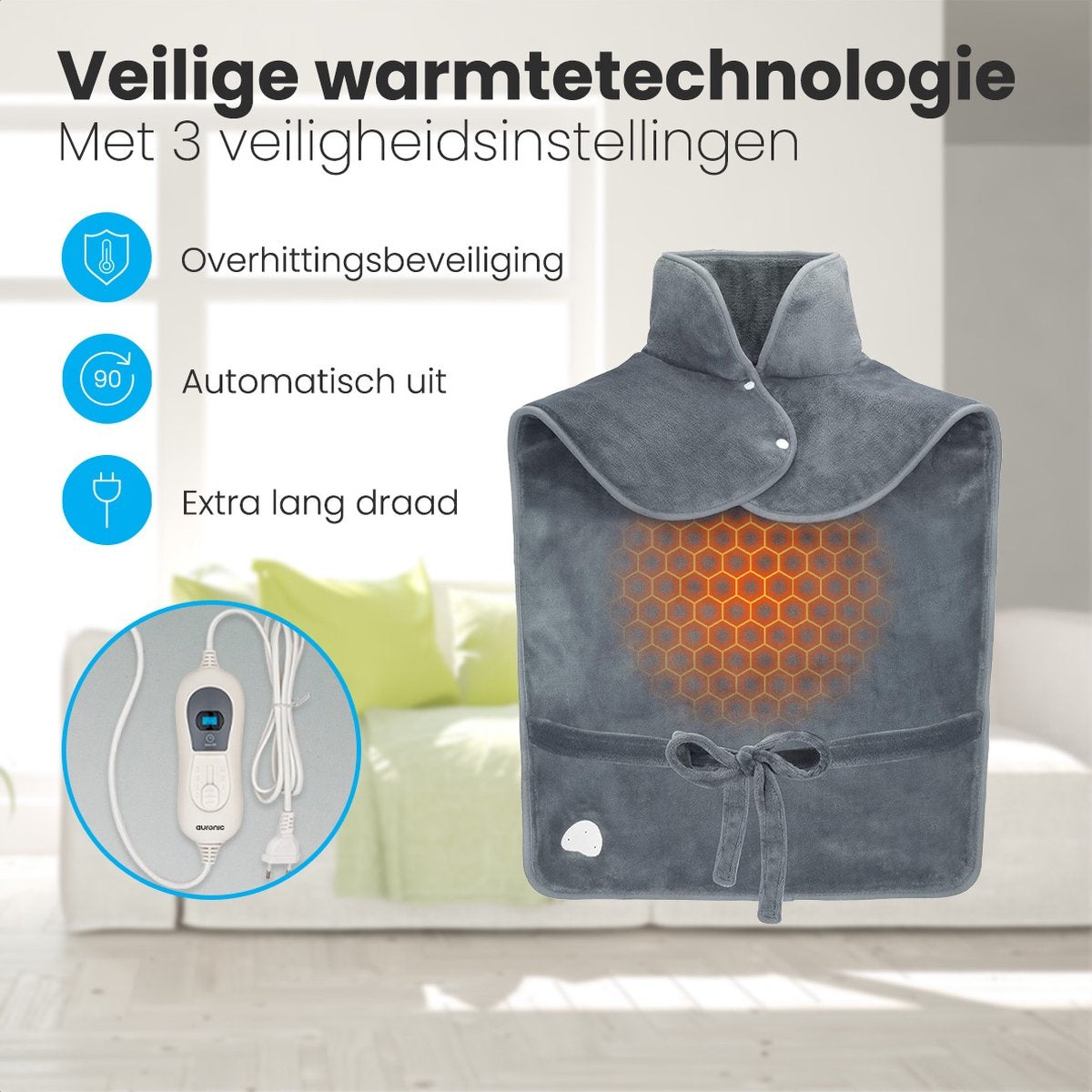 Auronic Warmtekussen - Elektrisch - Schouders en Rug - Wasbaar - Grijs