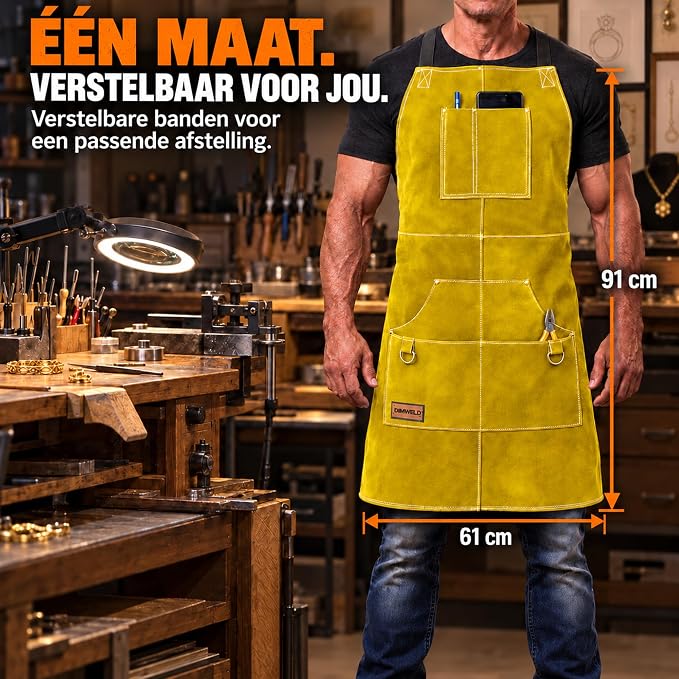 DIMWELD Leren Lasschort – 1,4 mm Rundleer – Hitte- & Vonkbestendig – 6 Gereedschapszakken