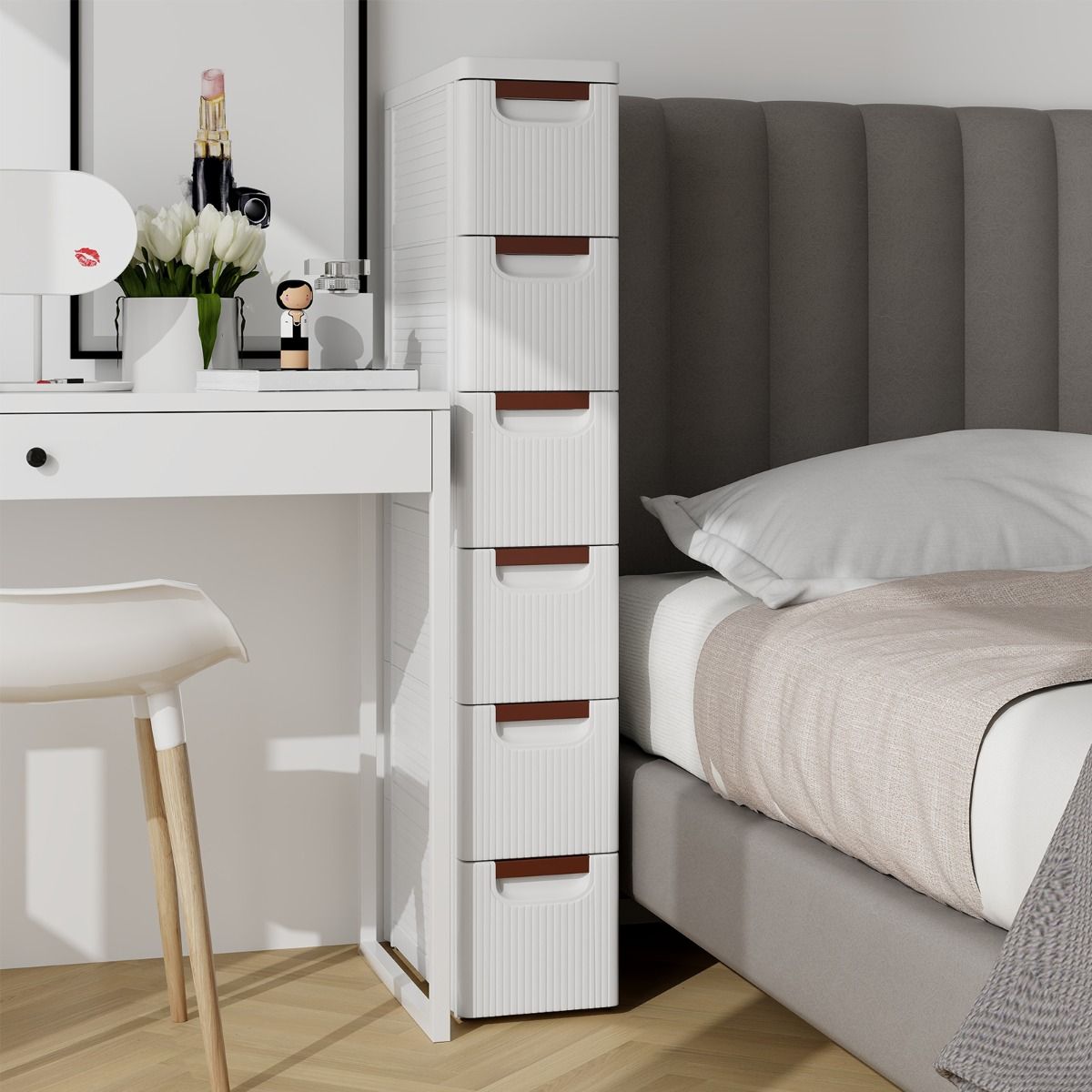 Coast Smalle Opbergkast op Wielen - 6 lades - Geribbeld oppervlak - Wit 42 x 19 x 74 cm