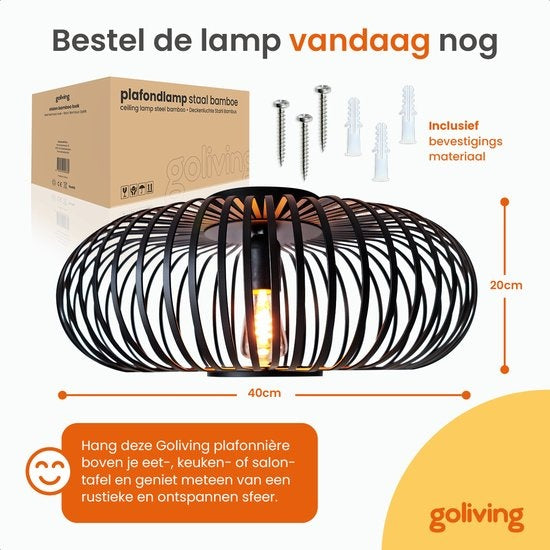 Goliving Plafondlamp – Plafonnière – E27 – Metaal – Bamboo Look – Ø 40 cm – Zwart