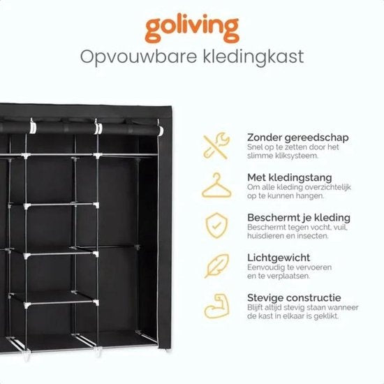 Goliving Opvouwbare Kledingkast - Garderobekast - Kleerkast - Stoffen Vouwkast - Campingkast - Zwart