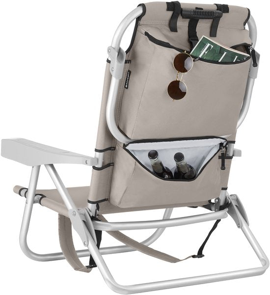 tectake® Strandstoel Coral - Opvouwbare Campingstoel met Koeltas en Opbergtas - 5-voudig Verstelbare Rugleuning met Hoofdkussen - Brede Armleuningen met Bekerhouder / Telefoonhouder - Inklapbare Kampeerstoel - Beige