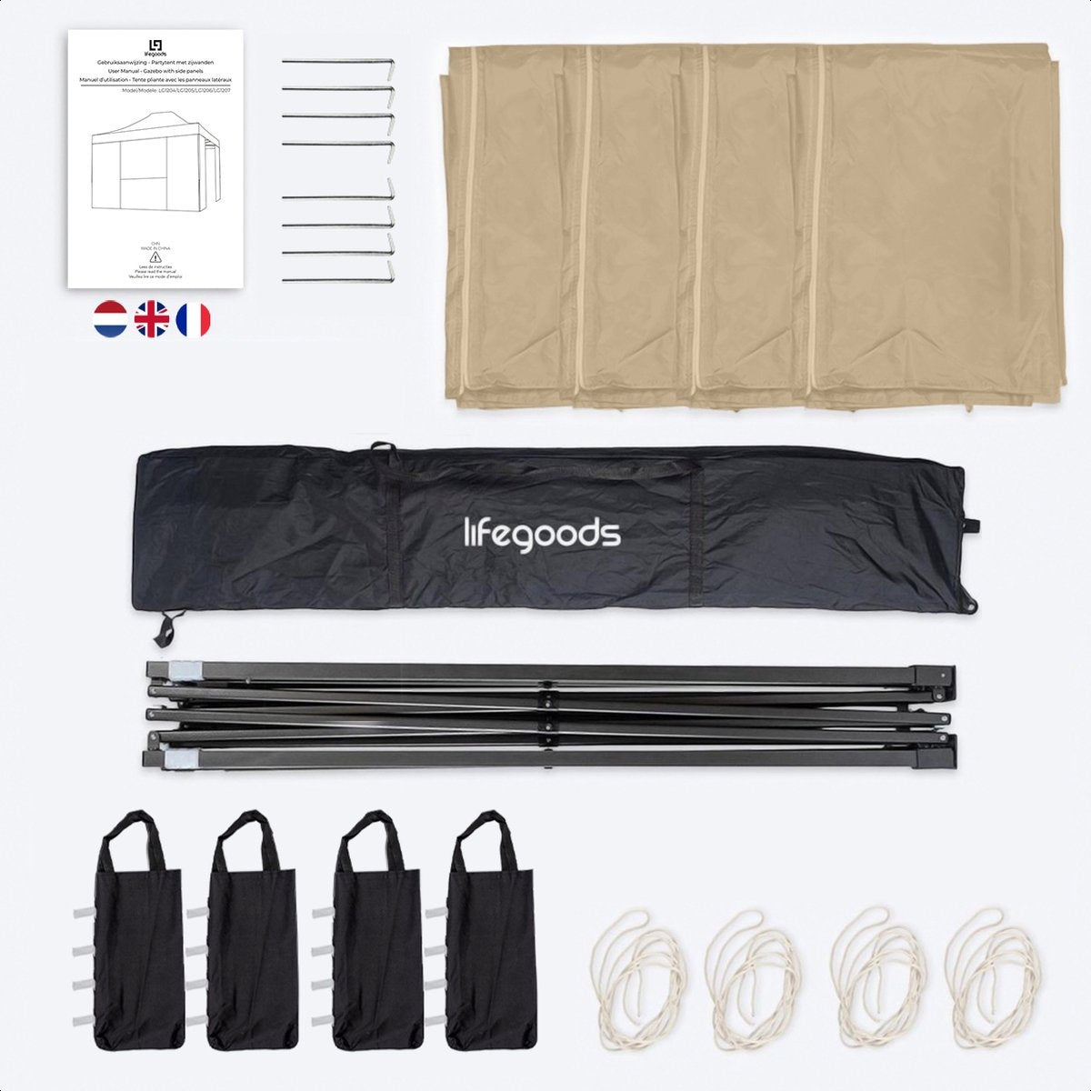 LifeGoods Partytent - Paviljoen - EasyUp - Opvouwbaar - Waterdicht - Met Draagtas met wieltjes - 440 x 297 cm - Beige