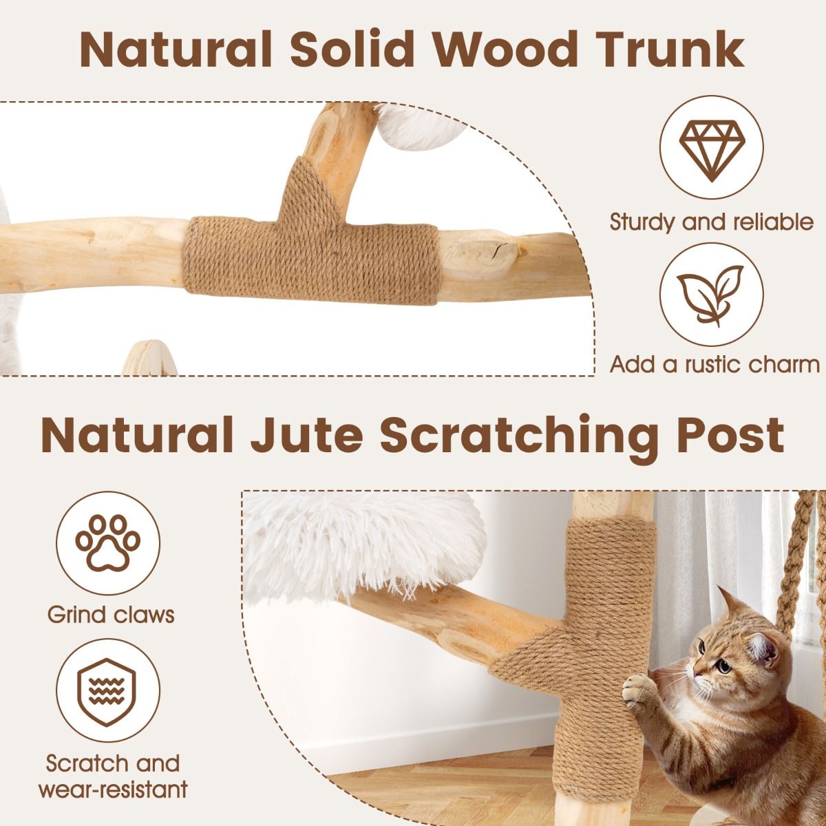 Coast Krabpaal voor Katten - Massief hout met hangwieg en sisal - Natuur en wit - 64 x 44 x 66 cm