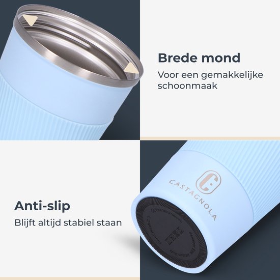 Castagnola Thermosbeker - Koffiebeker To Go - Travel Mug voor Koffie en Thee - Theebeker - 380 ML - RVS - Lichtblauw
