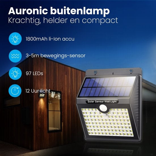 Auronic Solar Buitenlamp met Bewegingssensor - Tuinverlichting Op Zonne-energie - Wandlamp - 97 LED's - IP65 - 2 Stuks - Zwart