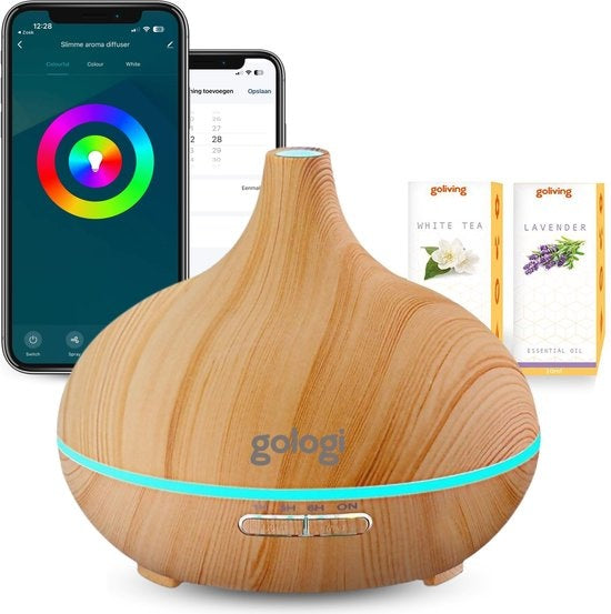 Gologi Slimme Aroma Diffuser - 550ML - Luchtbevochtiger - Geurverspreider - LED verlichting - Incl. 2 Etherische Oliën - Lichtbruin