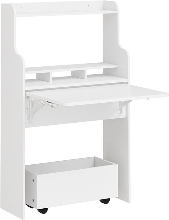 SoBuy Wandklaptafel FWT105-II-W - Multifunctionele Ruimtebesparende Klaptafel met Wielen - Inklapbaar Bureau met Lade en Planken - Wit