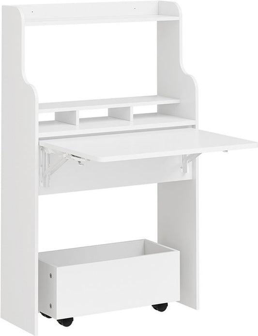 SoBuy Wandklaptafel FWT105-II-W - Multifunctionele Ruimtebesparende Klaptafel met Wielen - Inklapbaar Bureau met Lade en Planken - Wit