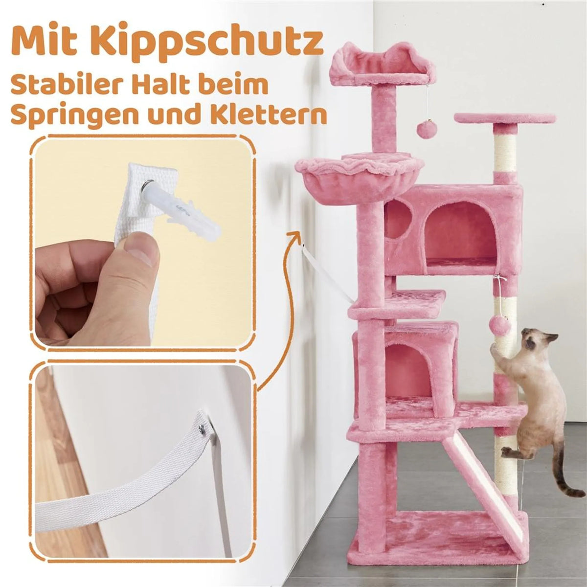 Yaheetech Grote Krabpaal met 5 Verdiepingen 146 cm – Sfeervol Roze – Sisal en Pluche