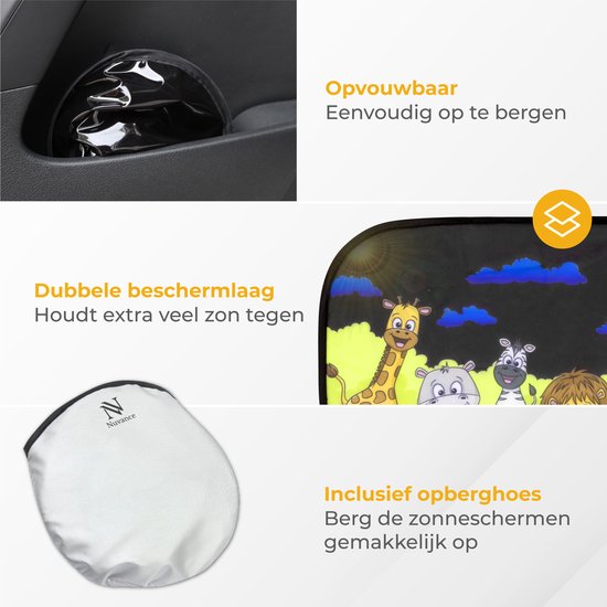 Nuvance Zonnescherm Auto - 2 Stuks - met UV Protectie voor Baby en Kind - Zonwering Zijruiten - Zelfklevend - One Size - Dieren