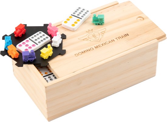 Domino Dubbel 12 Mexican Train – 91 Stenen met Gekleurde Ogen – Houten Kist met Schuifdeksel – Inclusief Station & Treinen – Strategisch Familiespel – Engelhart