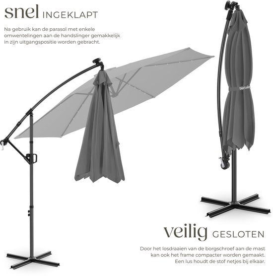tectake® Zweefparasol met Voet - 3 x 3 m - Tuinparasol met LED-Verlichting op Zonne-Energie - Draaibaar - Waterafstotend Polyester met UV-Bescherming - Inclusief Hoes - Grijs
