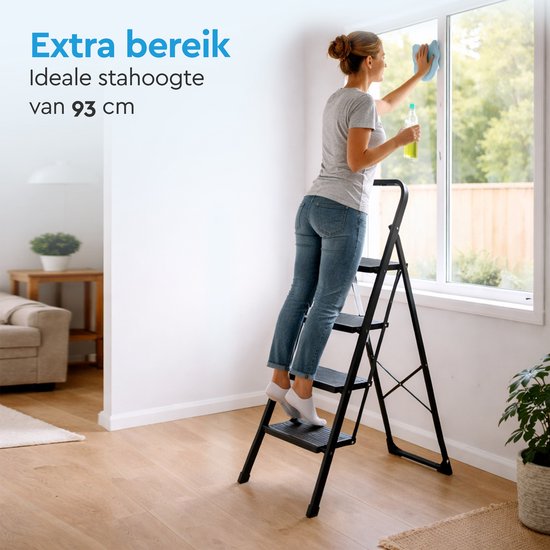 BRASQ Huishoudtrap 4-treden Zwart - keukentrap inklapbaar metaal voor Particulier en professioneel gebruik - Trap Ladder - Anti slip