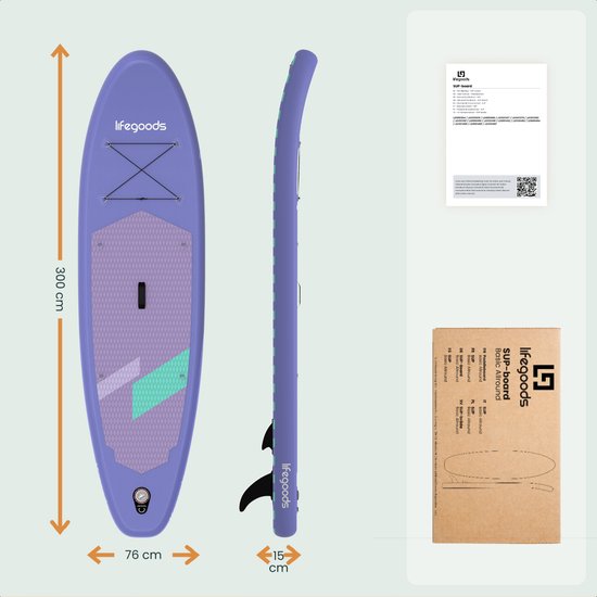 LifeGoods SUP Board Allround Compact - met Zitje - 100 KG Draagkracht - 300 x 76 cm - Opblaasbaar - Compleet SUP pakket - Paars