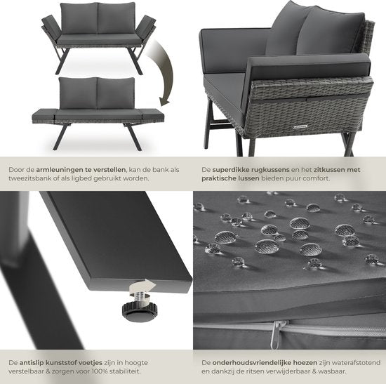 tectake® 2-in-1 Wicker Tuinbank Sintra - Verstelbare Leuningen - Tuinset - Ligbed - Balkon Loungebank - Incl. Kussens - Outdoor Loungesofa - UV- en Weerbestendig Zonnebed - Grijs