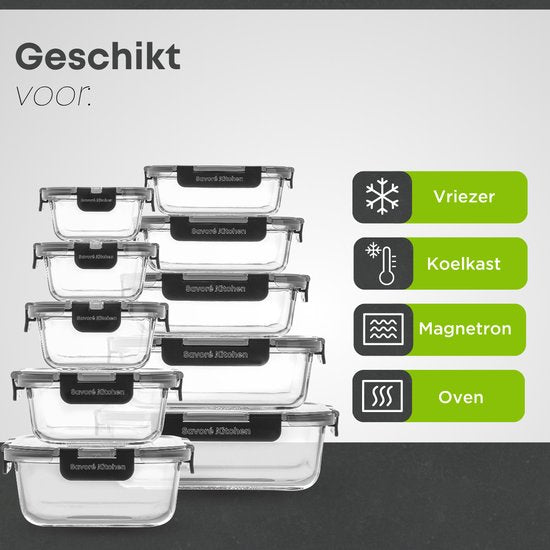 Savoré Kitchen Vershoudbakjes Set - Meal Prep Bakjes - Diepvriesbakjes Glas - Luchtdicht - 10 Stuks