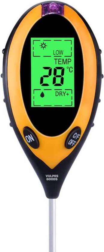 Vulpes Goods® Vochtmeter voor Planten - 4-in-1 - Vochtigheidsmeter - Binnen en Buiten - Hygrometer voor Kamerplanten - - pH, Lichtmeter, Temperatuurmeter en Vochtigheidsmeter - Vochtmeter Grond - PRO versie - Incl. Batterij
